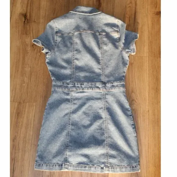 Peace Love Eco by Rewash Denim Mini Dress | Button Front | Short Sleeve | Size S - Picture 4 of 8